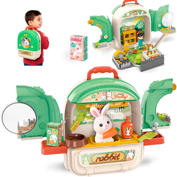 OLEOCA Vegetable Farm Backpack Toy 3 in 1 Play Set with Rabbit Toys for Kids, Garden Accessories & Carry Case, Double-Sided Activity Set for Ages 3+