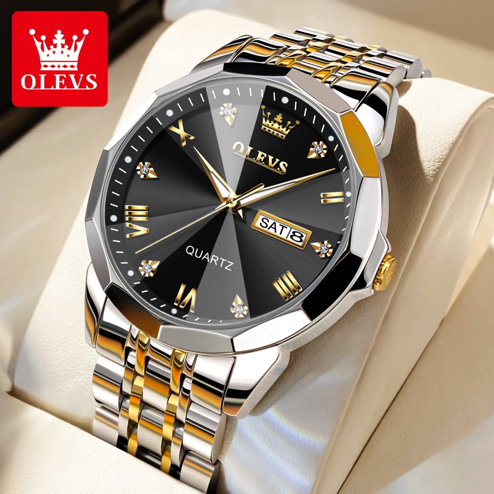 Olevs Watch for Men Diamond Quartz Movement 41mm Luminous Stainless Steel Gold Black Bracelet Date Black Dial