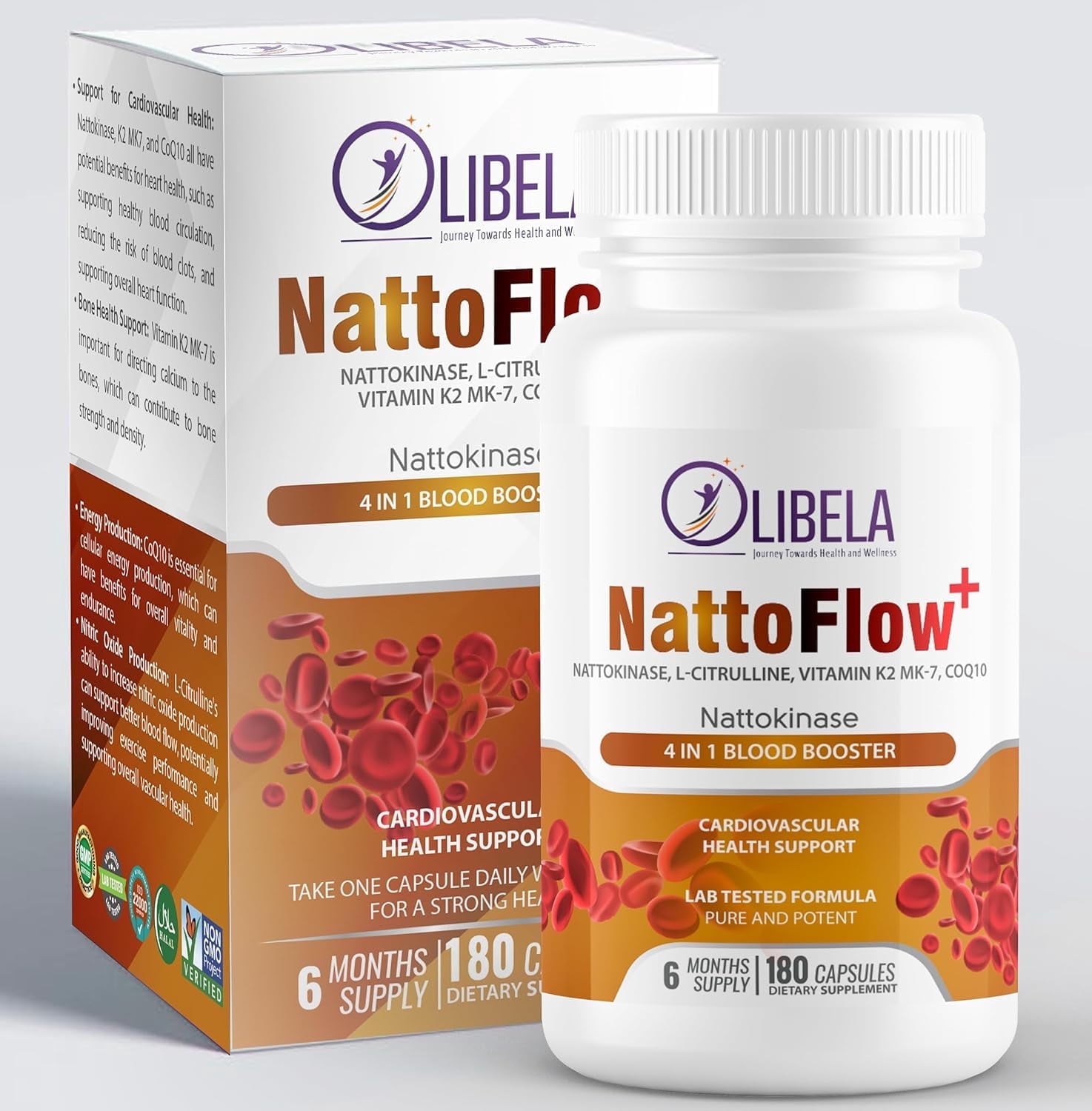 Olibela Nitric Oxide Booster 4 in 1– Cardiovascular Support, Blood Circulation, Nattokinase, CoQ10 Energy, Vitamin K2 MK-7 for Heart & Bone Health – L-Citrulline – Stamina & Energy Booster