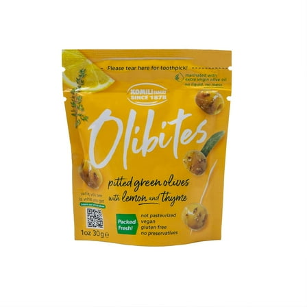 Olibites Pitted Green Olives with Lemon Thyme, 1 oz, No Allergens, Liquid-Free Pack