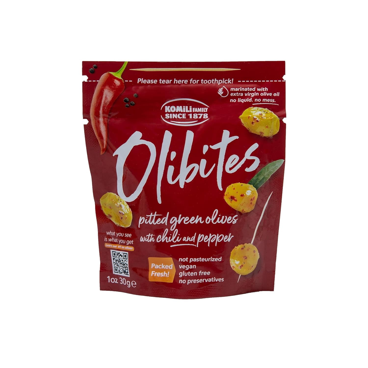 Olibites Pitted Green Olives with Chili Pepper - Liquid Free, Allergen Free, 1 oz