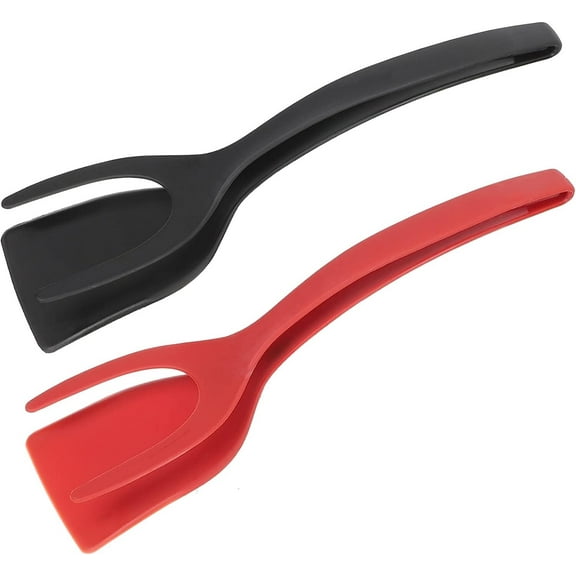 Olibuy 2pcs Egg Spatula - Double Spatula Can Be Used As Tongs Or Flipper - Flip Turn And Grab Your Food With Ease - All In One Cooking Tool Is Perfect For Eggs, Burgers, Fish And More! (Black&Red