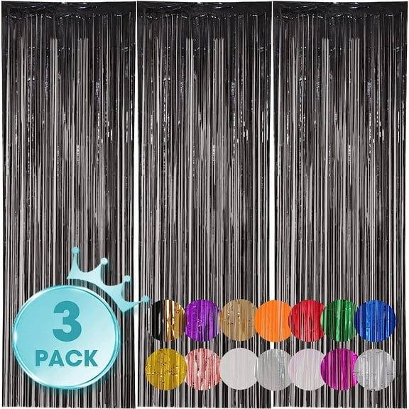 Olibuy 3pcs 3.3ft x 6.6ft Black Metallic Tinsel Foil Fringe Curtains Photo Booth Props for Birthday Wedding Engagement Bridal Shower Baby Shower Bachelorette Holiday Celebration Party Decorations