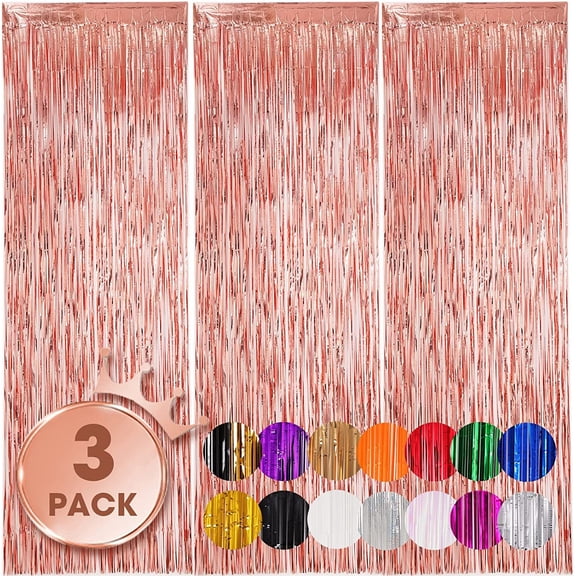 Olibuy 3pcs 3.3ft x 6.6ft Rose Gold Metallic Tinsel Foil Fringe Curtains Photo Booth Props for Birthday Wedding Engagement Bridal Shower Baby Shower Bachelorette Holiday Celebration Party Decorations