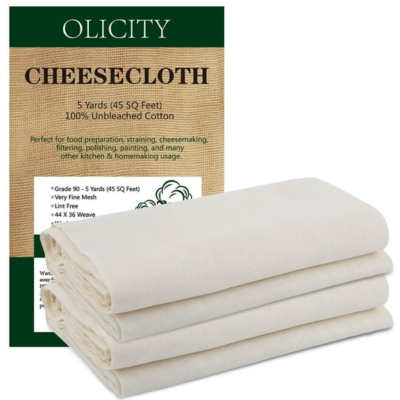 Olicity Cheesecloth, Grade 90, 45 Square Feet, 100% Unbleached Cotton Fabric Ultra Fine Muslin Cloths for Butter, Cooking, Strainer, Baking, Halloween Decorations - 5 Yards 5Yards