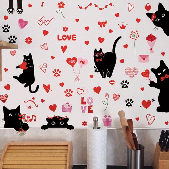 Oliegs Stocking 6 Sheets Valentine's Day Balck Cat Window Decals Cling 96 PCS Red Heart Cats Window Wall Stickers Happy Valentines Window Decals For Party Wedding Anniversary White Elephant