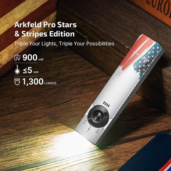 OLIGHT Arkfeld Pro Rechargeable EDC Flat Flashlight with Green Beam, UV and White LED Combo, 1300 Lumens Portable Pocket Lights, Triple Sources for Emergency Working (Stars & Stripes Edition CW)