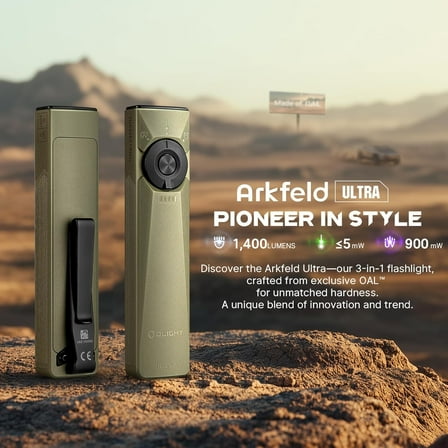 OLIGHT Arkfeld Ultra 1400 Lumens EDC Flat Flashlight, Rechargeable Compact Pocket Flash Light Combines White LED, UV and Green Beam, Triple Sources Perfect for Checking, Working (Olive-Green)