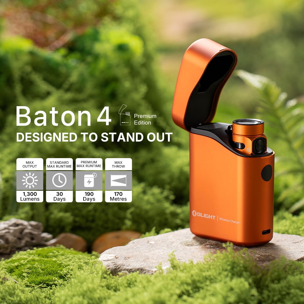 OLIGHT Baton4 Premium Edition EDC Flashlights 1300 Lumens with Type-C Charging Box, Powered by Rechargeable Battery, Small Bright Light IPX8 Waterproof for Emergencies, Outdoors (Orange)