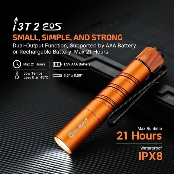 OLIGHT I3T 2 EOS Pocket EDC Flashlight, 200 Lumens Compact Bright Handheld Flash Lights, Dual-Output Tail Switch with AAA Battery and Two-Way Pocket Clip for Camping and Hiking (Orange)