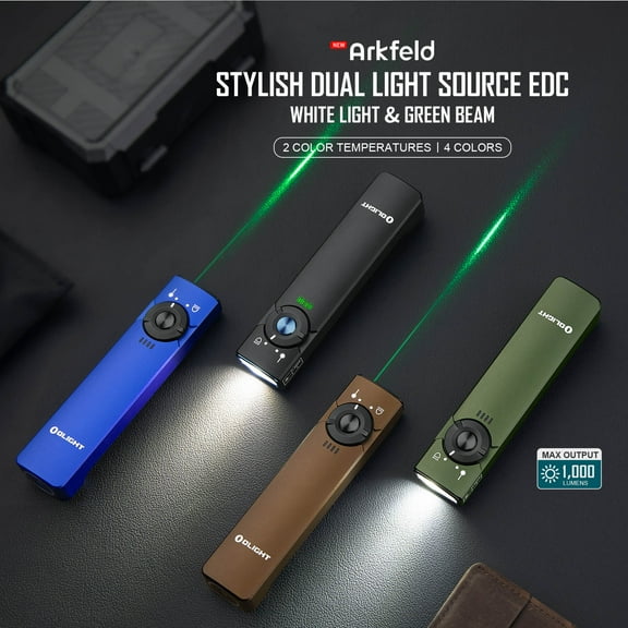 OLIGHT Arkfeld EDC Flat Flashlight, 1000 Lumens White LED Light with Green Beam Combo, Power by Rechargeable Built-in Battery for Outdoors, Emergency, Work (Black)