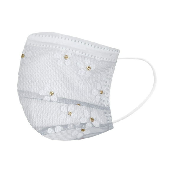 Olilia 30 Pcs Net Yarn Flowers Disposable Face_Masks Four-Layer Face Protection for Women, Beautiful Elegant Lace Floral Print Breathable Anti-dust Covering with Elastic Earloop & Nose Clip, White