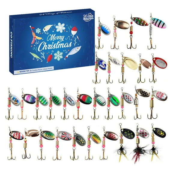 Olilia Advent Calendar Fishing Lure Christmas Countdown - 24 Days Metal Spinner Baits Kit for Fisher Adult Men Teen Boys - 2024 Xmas Surprise Gift