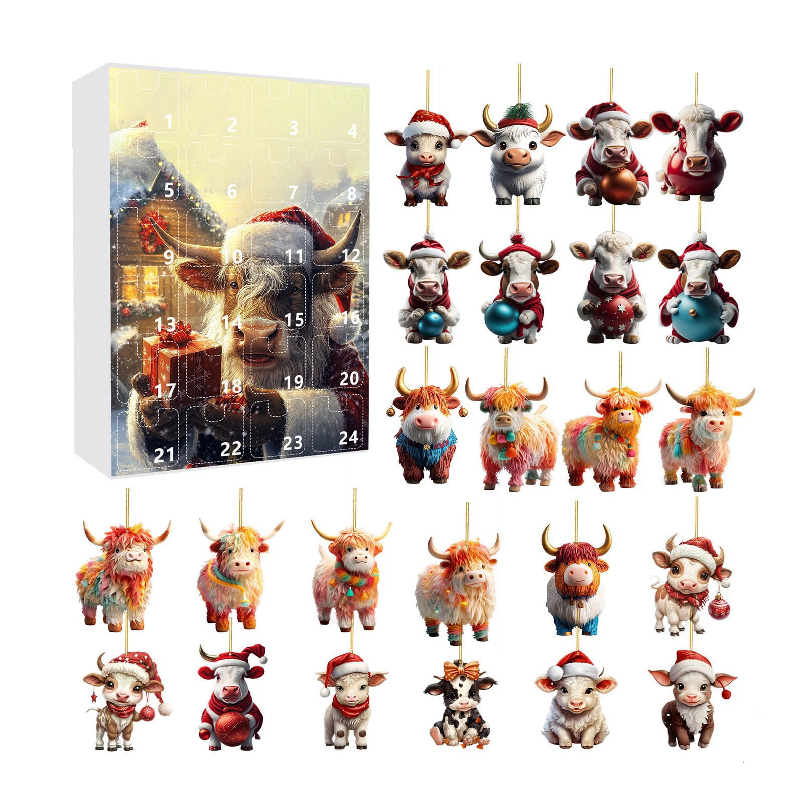 Olilia Christmas Advent Calendar 2024 Acrylic Cartoon Cow Ornament, 24 ...