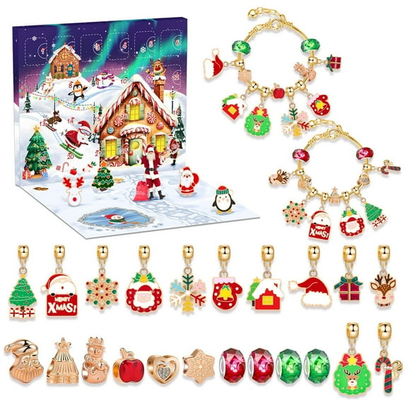 Olilia Christmas Advent Calendar Bracelets 2024 for Girls 24 Days Xmas Countdown DIY Jewelry Making Kit Gift 22 Charm Beads 2 Bracelets for Kids Teens Women