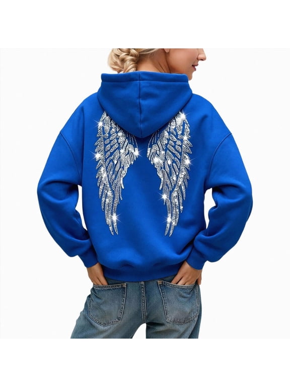 Oversized Hoodies for Women Sequin Angel Wings Hooded Sweatshirt Blue,Size S