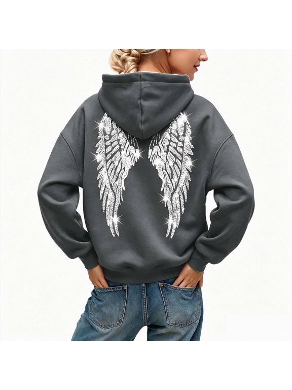Oversized Hoodies for Women Sequin Angel Wings Hooded Sweatshirt Dark Gray,Size M