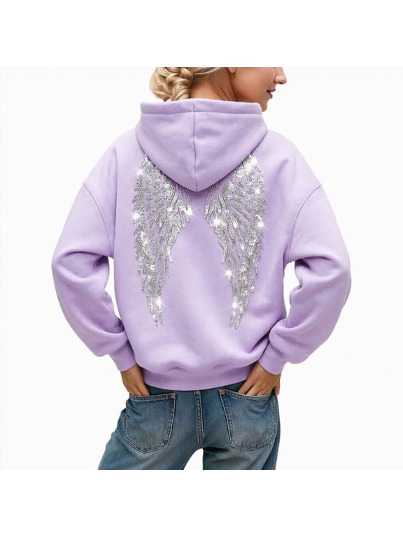 Oversized Hoodies for Women Sequin Angel Wings Hooded Sweatshirt Light Purple,Size 5XL