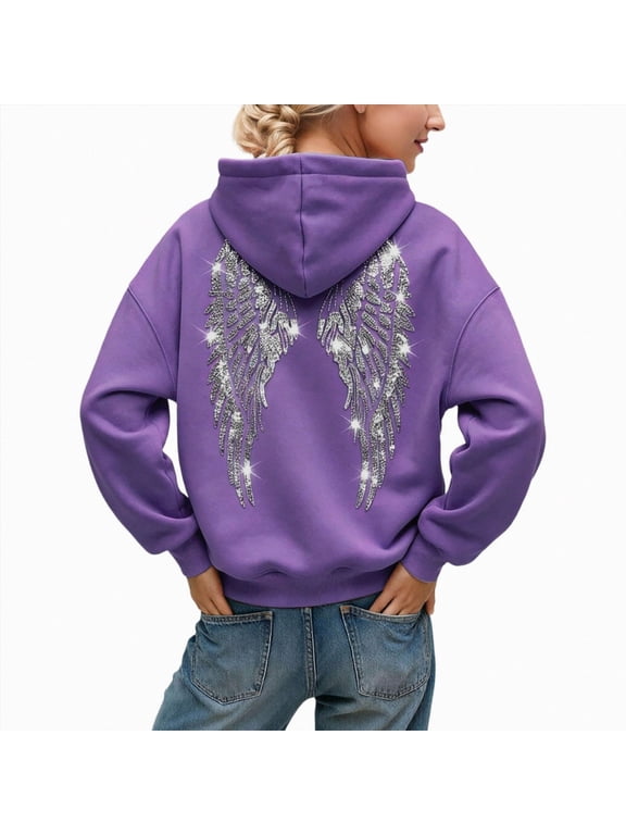 Oversized Hoodies for Women Sequin Angel Wings Hooded Sweatshirt Purple,Size 4XL