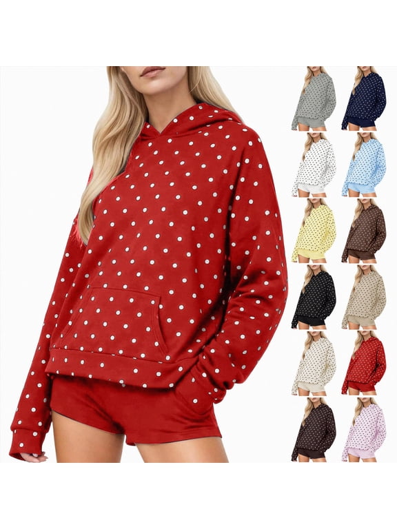 Women Polka Dot Hoodie Oversized Fleece Hooded Sweatshirt Long Sleeve Drop Shoulder Graphic Print Hoodies with Pocket (Pink,S)