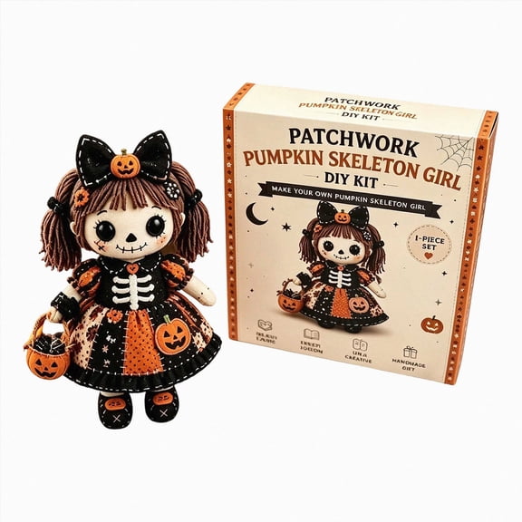 Olilia Patchwork Pumpkin Skeleton Doll Craft Kit, Patchwork Doll Diy Material Kit, Halloween Fabric Doll Making Kit, Autumn Home Decor Craft Gift, for Craft Enthusiasts and Doll Collectors.8in.