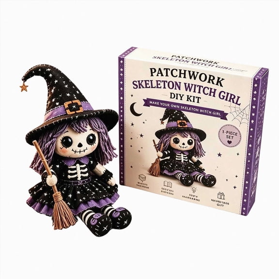 Olilia Patchwork Skull Witch Doll Craft Kit, Patchwork Doll Diy Material Kit, Halloween Fabric Doll Making Kit, Autumn Home Decor Craft Gift, for Craft Enthusiasts and Doll Collectors.8in.