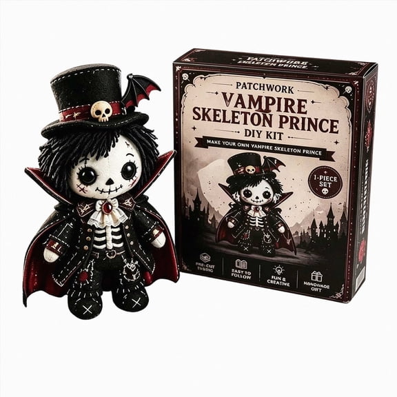 Olilia Patchwork Vampire Skeleton Prince Doll Craft Kit,Patchwork Doll Diy Material Kit,Halloween Fabric Doll Making Kit,Autumn Home Decor Craft Gift,for Craft Enthusiasts and Doll Collectors.8in.
