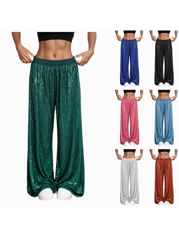 Sequin Pants Women Fashion Wide Leg Sparkly Pant Bar Party Disco Glitter Trousers Las Vagas Holiday Dance Clothes Red,Size S