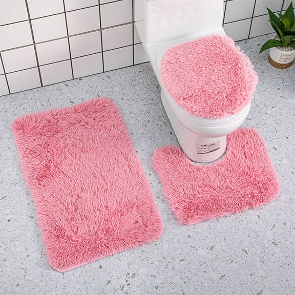 Olilia Shaggy Bathroom Rugs Sets 3Pcs Bath Mat for Bathroom Non-Slip Bathroom Mats Water Absorbent Bath Rug Floor Mats Soft Washable Shower Rug with U-Shaped Contour Rug Toilet Lid Cover Pink