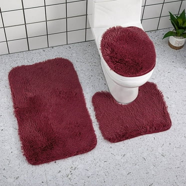 Olilia Shaggy Bathroom Rugs Sets 3Pcs Bath Mat for Bathroom Non-Slip Bathroom Mats Water Absorbent Bath Rug Floor Mats Soft Washable Shower Rug with U-Shaped Contour Rug Toilet Lid Cover Red