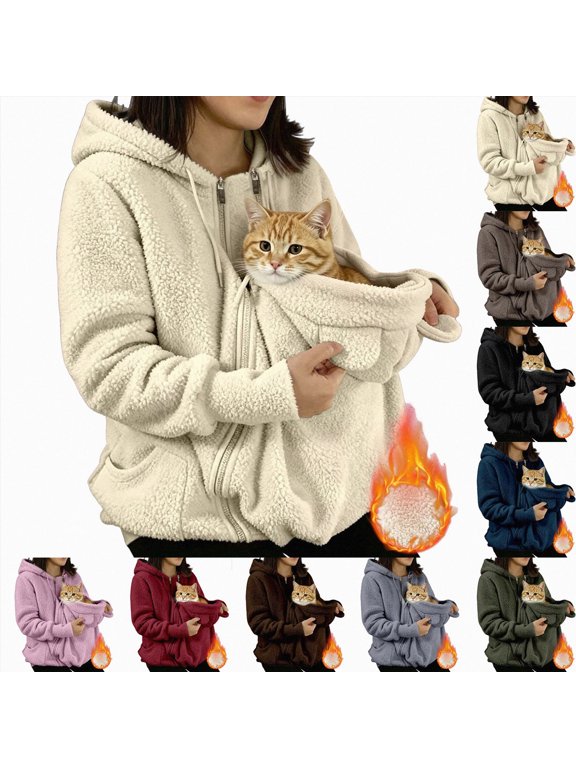 Women Fuzzy Fleece Hoodie Carrier Pouch Zip Up Hooded Warm Winter Jacket Black,Size XXL