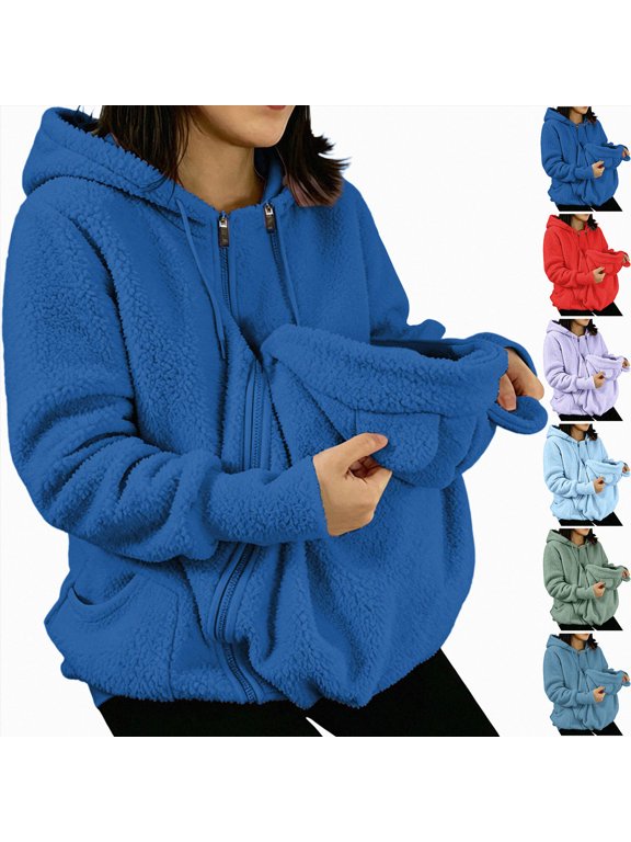 Women Fuzzy Fleece Hoodie Carrier Pouch Zip Up Hooded Warm Winter Jacket Blue,Size XXL