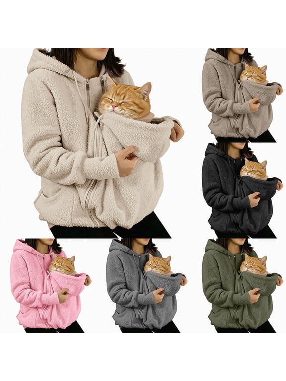 Women Fuzzy Fleece Hoodie Carrier Pouch Zip Up Hooded Warm Winter Jacket Pink,Size L