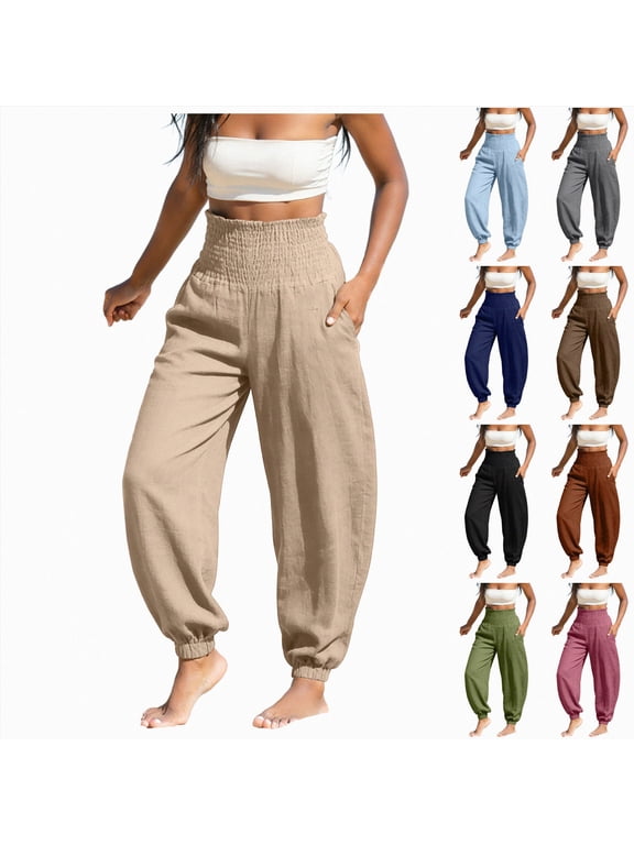 Women's Smocked High Waist Harem Pants, Lightweight Linen Look Balloon Pants with Elastic Cuffs and Pockets Brown,Size L