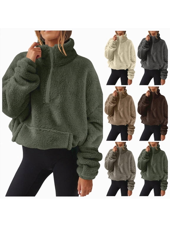 Womens Sherpa Pullover Fuzzy Fleece Half Zip Pullover Fluffy Quarter Zip Pullover with Pockets Cropped Sweatshirts Coffee,Size L