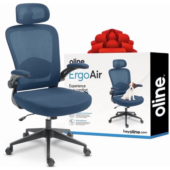 Oline ErgoAir Ergonomic Office Chair – Adjustable Lumbar Support, Flip-Up Armrests, Mesh Computer Desk Chair, Swivel Rolling Executive Gaming Chair for Home & Office (Navy Blue)