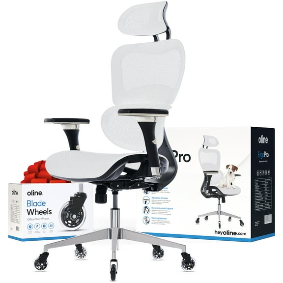 Oline ErgoPro Ergonomic Office Chair - Rolling Desk Chair with 4D Adjustable Armrest, 3D Lumbar Support and Blade Wheels - Mesh Computer Chair, Gaming Chairs, Executive Swivel Chair (White)