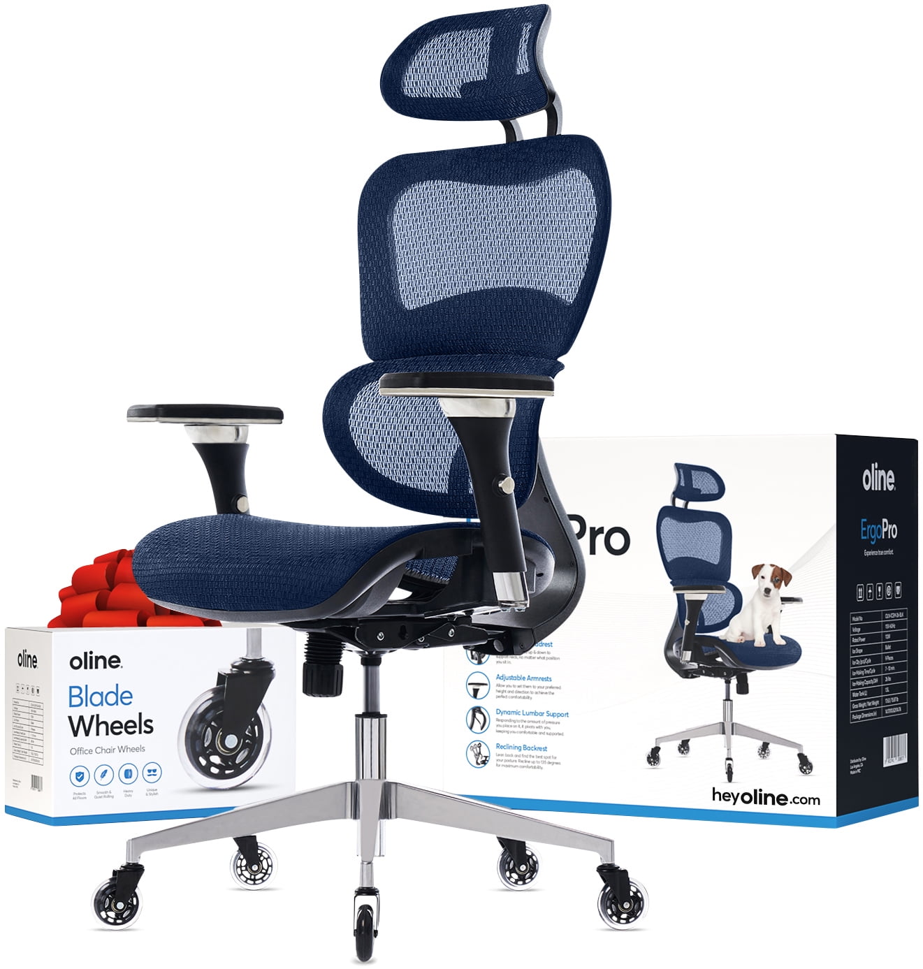 Oline ErgoPro Ergonomic Office Chair - Rolling Desk Chair with 4D Adjustable Armrest, 3D Lumbar Support and Premium Blade Wheels - Mesh Computer Chair, Gaming Chairs, Executive Swivel Chair