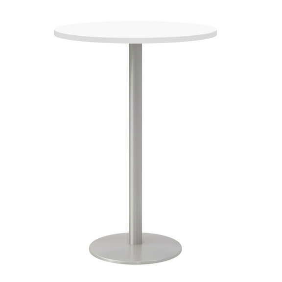 Olio Designs 30" Round Wood Top Bar Table in Designer White and Silver