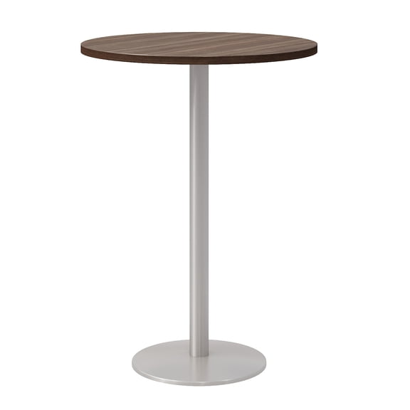 Olio Designs 30" Round Wood Top Bar Table in Studio Teak and Silver