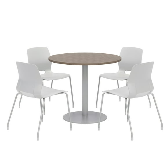 Olio Designs Round 36in Lola Dining Set - Teak Table - Gray Chairs