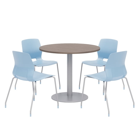 Olio Designs Round 36in Lola Dining Set - Teak Table - Sky Blue Chairs
