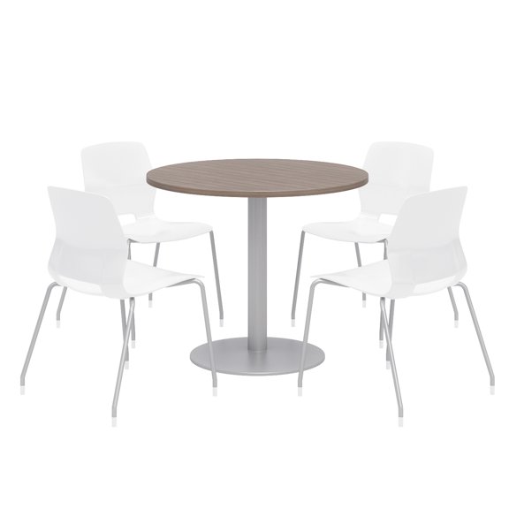 Olio Designs Round 36in Lola Dining Set - Teak - Table - White Chairs