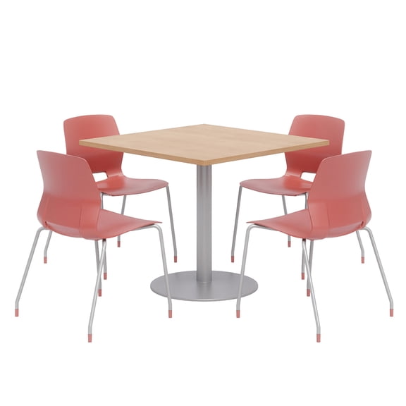 Olio Designs Square 36in Lola Dining Set - Maple Table - Coral Chairs