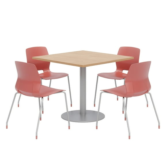 Olio Designs Square 36in Lola Dining Set - Maple Table - Coral Chairs