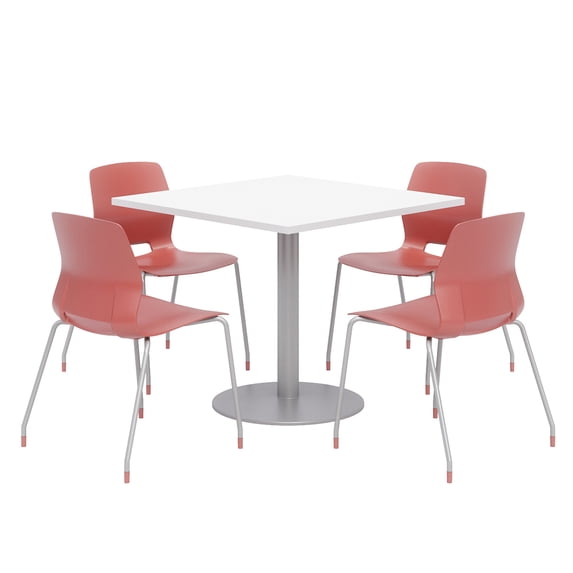 Olio Designs Square 36in Lola Dining Set - White Table - Coral Chairs
