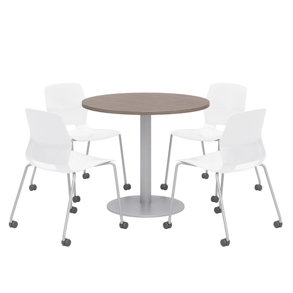 Olio Designs Teak Round 36in Lola Dining Set - White Caster Chairs