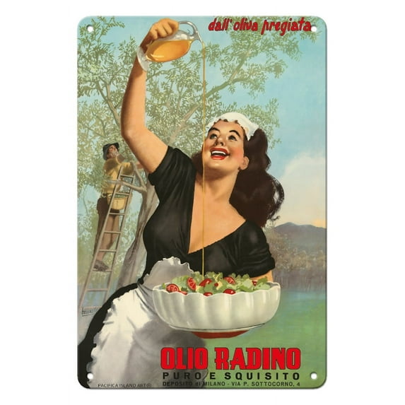 Olio Radino Italian Olive Oil - Puro e Squisito (Pure and Delicious) - Vintage Advertising Poster by Gino Boccasile c.1948 - 8 x 12 inch Vintage Metal Tin Sign