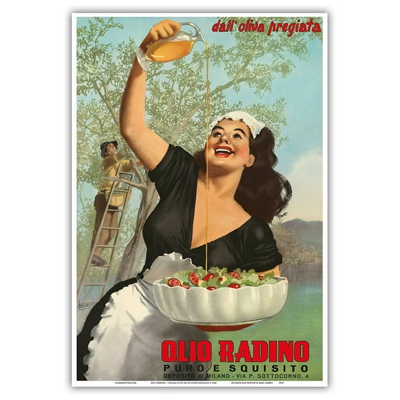 Olio Radino Italian Olive Oil - Puro e Squisito (Pure and Delicious) - Vintage Advertising Poster by Gino Boccasile c.1948 - Master Art Print (Unframed) 13in x 19in