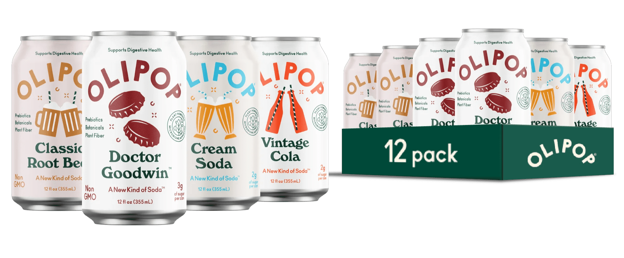 Olipop Prebiotic Soda Pop,Classic Soda Variety Pack, High Fiber, 12 fl oz 12 Pack